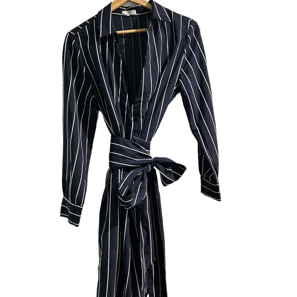 Wrap Shirt Dress Long Sleeve Frnch Navy w White Stripes Classic